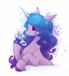 Size: 1870x2048 | Tagged: safe, artist:qwennondeathdie, izzy moonbow, pony, unicorn, g5, bracelet, cupcake, eating, female, food, friendship bracelet, horn, jewelry, mare, simple background, solo, unshorn fetlocks, white background