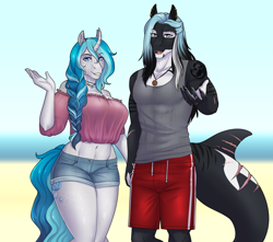 Size: 3733x3300 | Tagged: source needed, safe, artist:askbubblelee, oc, oc only, oc:bubble lee, oc:mako, orca, orca pony, original species, unicorn, anthro, digitigrade anthro, anthro oc, beach, belly button, big breasts, breasts, clothes, countershading, couple, digital art, duo, ear piercing, fangs, female, freckles, high res, holding hands, horn, looking at you, makolee, male, mare, oc x oc, off shoulder, piercing, reaching, scar, shipping, shirt, shorts, smiling, stallion, straight, swimming trunks, swimsuit, unicorn oc, water