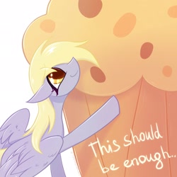 Size: 2048x2048 | Tagged: safe, artist:qwennondeathdie, derpy hooves, pegasus, pony, g4, female, food, giant food, giant muffin, high res, imminent stuffing, looking at something, looking up, mare, muffin, partially open wings, signature, simple background, smiling, solo, that pony sure does love muffins, white background, wings
