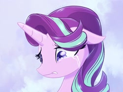 Size: 2048x1526 | Tagged: safe, artist:qwennondeathdie, starlight glimmer, pony, unicorn, g4, bust, crying, female, floppy ears, mare, sad, sadlight glimmer, solo, teary eyes