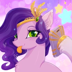 Size: 2048x2048 | Tagged: safe, artist:qwennondeathdie, pipp petals, pegasus, pony, g5, :p, adorapipp, blushing, cellphone, crown, cute, ear fluff, eye clipping through hair, eyebrows, female, heart, high res, jewelry, looking at you, mare, phone, regalia, selfie, smiling, smiling at you, solo, starry eyes, stars, tiara, tongue out, unshorn fetlocks, wingding eyes