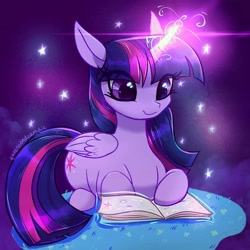 Size: 1884x1884 | Tagged: safe, artist:qwennondeathdie, twilight sparkle, alicorn, pony, g4, book, cute, eye clipping through hair, female, folded wings, glowing, glowing horn, horn, lying down, magic, magic aura, mare, prone, reading, signature, sitting, solo, twiabetes, twilight sparkle (alicorn), wings