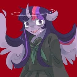 Size: 2048x2048 | Tagged: safe, artist:dmitrymemovznok, twilight sparkle, alicorn, anthro, g4, curved horn, female, high res, horn, red background, simple background, solo, twilight sparkle (alicorn)