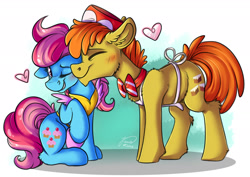 Size: 1920x1358 | Tagged: safe, artist:julunis14, carrot cake, cup cake, earth pony, pony, g4, apron, blushing, clothes, cute, duo, eyes closed, female, heart, male, mare, married couple, one eye closed, raised hoof, ship:carrot cup, shipping, simple background, sitting, snuggling, stallion, straight, white background