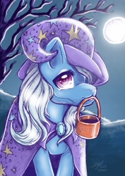 Size: 2480x3508 | Tagged: safe, artist:mrartly34, trixie, pony, unicorn, g4, female, halloween, high res, holiday, moon, mouth hold, solo