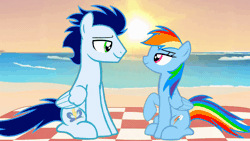 Size: 1920x1080 | Tagged: safe, artist:mlplary6, rainbow dash, soarin', pegasus, pony, g4, animated, beach, boyfriend and girlfriend, female, gif, heart, looking at each other, looking at someone, love, male, mare, picnic blanket, ship:soarindash, shipping, smiling, smiling at each other, stallion, straight, sun, sunset, windswept mane