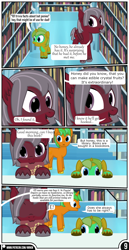 Size: 1519x2942 | Tagged: safe, artist:mrkm, oc, oc only, oc:caramel star(mrkm), oc:cherry night, oc:hard sprocket, bat pony, pony, unicorn, comic:synthesis, bat pony oc, book, colt, comic, crystal empire, dialogue, ear fluff, eeee, fangs, female, foal, hooves on the table, horn, library, male, mare, mouth hold, offscreen character, pov, speech bubble, stairs, stallion, unicorn oc, unshorn fetlocks, wings