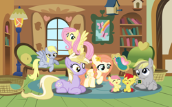 Size: 1672x1036 | Tagged: safe, artist:marbowsta, derpy hooves, dinky hooves, fluttershy, oc, oc:apple cider, oc:apple song, oc:flutter butter, oc:stanley science, earth pony, pegasus, pony, g4, baby, baby pony, base used, colt, female, filly, flower, flower in hair, fluttershy's cottage, fluttershy's cottage (interior), foal, levitation, lying down, magic, male, mare, offspring, older, older dinky hooves, parent:big macintosh, parent:derpy hooves, parent:doctor whooves, parent:fluttershy, parents:doctorderpy, parents:fluttermac, play date, prone, telekinesis