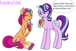 Size: 2712x1803 | Tagged: safe, artist:hayley566, starlight glimmer, sunny starscout, earth pony, pony, unicorn, g4, g5, cup, drinking, drinking straw, duo, eyes closed, female, glowing, glowing horn, horn, implied stellar flare, implied time travel, magic, mane stripe sunny, mare, markings, simple background, sitting, smoothie, telekinesis, transparent background, unshorn fetlocks