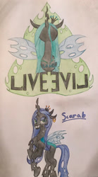 Size: 1824x3286 | Tagged: safe, artist:gracefulart693, queen chrysalis, oc, changeling, changeling queen, g4, bust, changeling queen oc, duo, female, grin, parent:queen chrysalis, smiling, spread wings, traditional art, wings