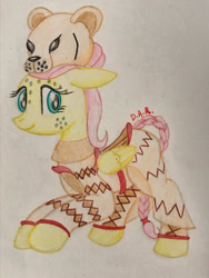 Size: 2121x2828 | Tagged: safe, artist:gracefulart693, fluttershy, big cat, lion, pegasus, pony, g4, clothes, costume, eyelashes, female, high res, mare, solo, traditional art
