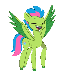 Size: 409x450 | Tagged: safe, artist:luminousdazzle, luminous dazzle, pegasus, pony, g5, my little pony: tell your tale, animated, background pony, colored wings, dancing, female, gif, happy, mare, multicolored hair, multicolored wings, simple background, smiling, solo, spread wings, transparent background, wings