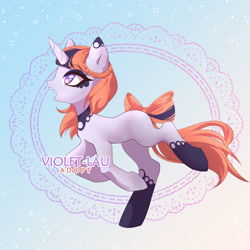 Size: 2717x2717 | Tagged: safe, artist:violet-lau, oc, oc only, pony, unicorn, base used, bow, clothes, eyelashes, female, high res, horn, mare, open mouth, socks, solo, tail, tail bow, unicorn oc