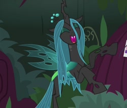 Size: 846x720 | Tagged: safe, screencap, queen chrysalis, changeling, changeling queen, g4, the mean 6, cropped, cute, cutealis, laughing, raised hoof, solo