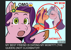 Size: 4132x2919 | Tagged: safe, artist:daisy_marshmallow, derpibooru exclusive, pipp petals, queen haven, sunny starscout, earth pony, pegasus, pony, g5, blushing, clickbait, colored sketch, fake thumbnail, female, kissing, lesbian, looking at you, mane stripe sunny, meme, poggers, ship:sunnyhaven, shipping, sketch, text, trio, trio female, youtube, youtube thumbnail
