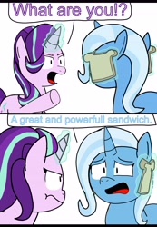 Size: 3508x5083 | Tagged: safe, artist:sketchyboi25, starlight glimmer, trixie, pony, unicorn, g4, angry, bread, dialogue, duo, food, frown, funny, gordon ramsay, idiot sandwich, magic, meme, sandwich, speech bubble, text, unamused