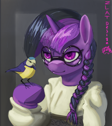 Size: 3697x4167 | Tagged: safe, artist:zlatdesign, derpibooru exclusive, oc, oc:lunar shift, alicorn, bird, pony, unicorn, braid, cute, female, glasses, horn, solo, traditional clothing, ukraine, ukranian, unicorn oc