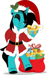 Size: 3163x5000 | Tagged: safe, artist:jhayarr23, pony, unicorn, as it is, bipedal, christmas, clothes, commission, costume, dyed mane, dyed tail, ear piercing, eyeshadow, gauges, hat, holiday, hoof hold, hoof polish, horn, horn piercing, looking at you, makeup, male, mistleholly, nose piercing, one eye closed, patty walters, piercing, ponified, present, sack, santa costume, santa hat, simple background, smiling, solo, stallion, tail, tattoo, transparent background, wink, ych result