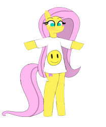 Size: 2503x3000 | Tagged: safe, artist:happyb0y95, fluttershy, pony, g4, bipedal, blushing, clothes, cute, female, high res, mare, shirt, shyabetes, simple background, smiley face, smiling, solo, transparent background