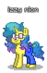 Size: 204x316 | Tagged: safe, artist:dematrix, izzy moonbow, pony, unicorn, pony town, g5, crossover, despicable me, disney, female, mare, minion, pixel art, simple background, solo, transparent background