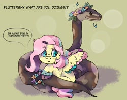 Size: 1900x1500 | Tagged: safe, artist:cluterdrop, artist:exhear, fluttershy, pegasus, pony, snake, g4, cloven hooves, colored wings, colored wingtips, dialogue, duo, eyebrows, eyebrows visible through hair, female, floppy ears, floral head wreath, flower, green background, lying down, mare, multicolored mane, multicolored tail, multicolored wings, offscreen character, prone, simple background, sparkles, speech bubble, tail, unshorn fetlocks, wings