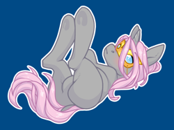 Size: 1280x960 | Tagged: safe, artist:sinclair2013, oc, oc only, earth pony, pony, blue background, blushing, butt, dock, lying down, mask, not fluttershy, on back, plot, pubic mound, simple background, solo, tail