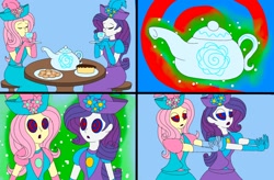 Size: 2266x1488 | Tagged: safe, artist:artsymlp12, fluttershy, rarity, human, equestria girls, g4, british, clothes, comic, cup, dress, duo, gown, hypno eyes, hypnosis, hypnotized, long dress, long skirt, skirt, swirly eyes, teacup, teapot
