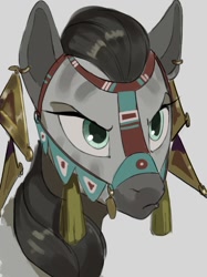 Size: 908x1212 | Tagged: safe, artist:egil, oc, oc only, zebra, accessory, bridle, bust, female, portrait, solo, tack