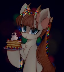 Size: 1374x1542 | Tagged: safe, artist:lerkfruitbat, oc, oc only, bicorn, original species, pony, blueberry, chest fluff, christmas, christmas lights, cute, ear fluff, female, food, herbivore, holding, holiday, horn, horns, mare, multiple horns, ocbetes, pancakes, signature, solo, strawberry, string lights, whipped cream