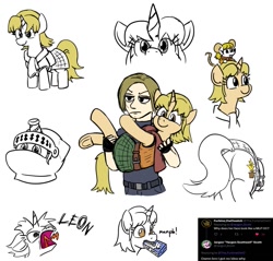 Size: 1091x1043 | Tagged: safe, artist:jargon scott, human, mouse, pony, unicorn, ammunition, ashley graham, bridal carry, butt, carrying, cute, duo, female, helmet, holding a pony, human male, knight helmet, leon s. kennedy, male, mare, meme, mousified, mouth hold, open mouth, plot, ponified, resident evil 4, screaming, self paradox, simple background, sketch, sketch dump, smiling, white background