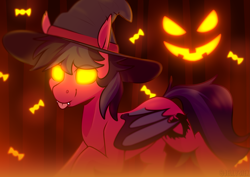 Size: 4093x2894 | Tagged: safe, artist:jellysketch, bat pony, pony, :p, bat wings, commission, ear fluff, fall out boy, fangs, folded wings, glowing, glowing eyes, hat, male, pete wentz, ponified, solo, stallion, tongue out, wings, witch hat, ych result