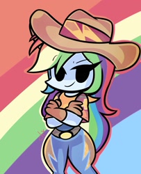 Size: 1441x1774 | Tagged: safe, artist:simplementeyeu, rainbow dash, human, equestria girls, g4, belt, clothes, cowboy hat, cowgirl, denim, female, gloves, hat, jeans, pants, solo, stetson