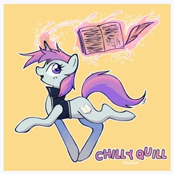 Size: 2000x2000 | Tagged: safe, artist:gop_goopy, oc, oc only, oc:chilly quill, book, female, high res, orange background, simple background, solo