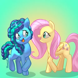 Size: 2500x2500 | Tagged: safe, artist:hexecat, fluttershy, misty brightdawn, pegasus, pony, unicorn, g4, g5, cute, duo, duo female, female, g4 to g5, g5 to g4, generation leap, gradient background, happy, high res, looking at each other, looking at someone, mare, misty and her heroine, mistybetes, open mouth, open smile, raised hoof, raised leg, shy, shyabetes, signature, smiling