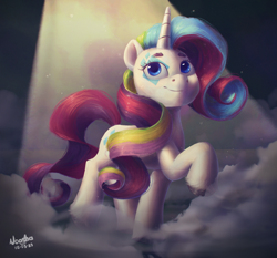 Size: 2177x2027 | Tagged: safe, artist:noasha, rarity, pony, unicorn, equestria girls, g4, my little pony equestria girls: rainbow rocks, female, high res, horn, looking up, makeup, mare, rainbow power, raised hoof, smoke, solo, spotlight, toy interpretation, unshorn fetlocks