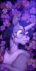 Size: 2283x4525 | Tagged: safe, artist:emalajissda, oc, oc only, oc:shizuka kitsune, fox, chest fluff, clover, detailed background, ear piercing, fangs, female, glasses, horn, piercing, solo