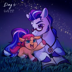 Size: 2048x2048 | Tagged: safe, artist:luanshanhun, argyle starshine, sunny starscout, earth pony, pony, g5, blank flank, book, coat markings, cute, duo, father and child, father and daughter, female, filly, filly sunny starscout, glasses, high res, hoof heart, jewelry, male, night, open mouth, open smile, outdoors, pendant, raised hoof, sideburns, smiling, socks (coat markings), stallion, stars, sunnybetes, underhoof, weapons-grade cute, younger