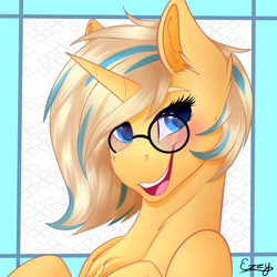 Size: 2000x2000 | Tagged: safe, artist:monsoonvisionz, oc, oc only, oc:positron, pony, unicorn, chest fluff, ear fluff, female, glasses, high res, horn, mare, signature, simple background, smiling, solo, unicorn oc