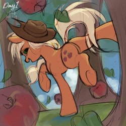 Size: 2048x2048 | Tagged: safe, artist:luanshanhun, applejack, earth pony, pony, g4, apple, applebucking, applebutt, applejack's hat, butt, cowboy hat, female, food, hat, high res, mare, plot, tree