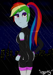 Size: 1024x1449 | Tagged: safe, artist:sneakycsgo, rainbow dash, human, equestria girls, g4, clothes, eyeshadow, female, humanized, looking at you, makeup, rain, skintight clothes, sonic the hedgehog (series), unitard