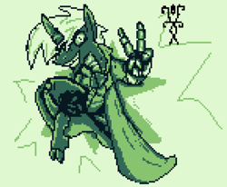 Size: 872x717 | Tagged: safe, artist:damset, oc, oc only, oc:da-mset, changeling, cloak, clothes, monochrome, ms paint, one eye, pixel art, simple background, taunting