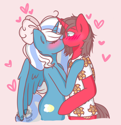 Size: 1024x1062 | Tagged: safe, artist:lolitablue, oc, oc only, oc:fleurbelle, oc:ironyoshi, alicorn, unicorn, semi-anthro, alicorn oc, arm hooves, blushing, bow, clothes, duo, heart, horn, kissing, shirt, simple background, wings