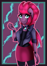 Size: 1810x2503 | Tagged: safe, artist:dazzlingmimi, tempest shadow, human, equestria girls, g4, choker, clothes, equestria girls-ified, half body, jacket, mohawk, skirt, solo