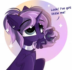 Size: 2048x1988 | Tagged: safe, artist:janelearts, oc, oc only, oc:tenebris flux, pony, unicorn, cute, dialogue, ear piercing, earring, female, horn, jewelry, looking up, mare, mouth hold, no source available, piercing, plushie, self plushidox, simple background, solo, unicorn oc, white background