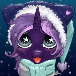 Size: 1748x1748 | Tagged: safe, artist:lailyren, oc, oc only, oc:tenebris flux, pony, unicorn, :p, blushing, clothes, commission, hat, horn, scarf, simple background, snow, snowfall, tongue out, unicorn oc, wingding eyes, winter hat, ych result