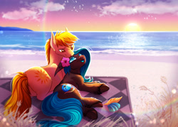 Size: 2450x1750 | Tagged: safe, artist:xhyperwolfx, oc, oc only, earth pony, pony, beach, biting, butt, cute, daaaaaaaaaaaw, duo, ear bite, female, male, oc x oc, plot, shipping, straight