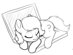 Size: 1014x763 | Tagged: safe, artist:smoldix, oc, oc:filly anon, pony, behaving like a cat, black and white, computer, cute, eyes closed, female, filly, foal, grayscale, laptop computer, monochrome, ponybooru import, simple background, sleeping, solo, white background