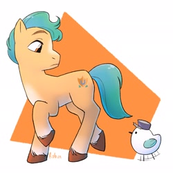 Size: 2048x2048 | Tagged: safe, artist:hsarabun, hitch trailblazer, kenneth, bird, earth pony, pony, seagull, g5, abstract background, duo, high res, looking back, male, stallion