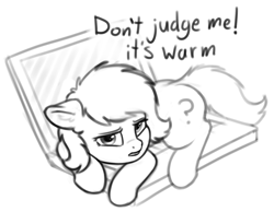 Size: 1096x852 | Tagged: safe, artist:smoldix, oc, oc only, oc:filly anon, earth pony, pony, behaving like a cat, black and white, computer, cute, ears, female, filly, floppy ears, foal, grayscale, laptop computer, looking at you, monochrome, ponybooru import, simple background, solo, white background