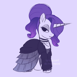 Size: 1597x1597 | Tagged: safe, artist:syrupyyy, edit, rarity, pony, unicorn, g4, alternate hairstyle, choker, clothes, cropped, dress, female, gothic lolita, hair over one eye, lidded eyes, lolita fashion, mare, ponybooru import, ponytail, purple background, simple background, solo